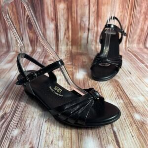 SAS Strippy Size 9 Wide Black Patent Leather Strappy Wedge Heel Sandals Shoes 9W